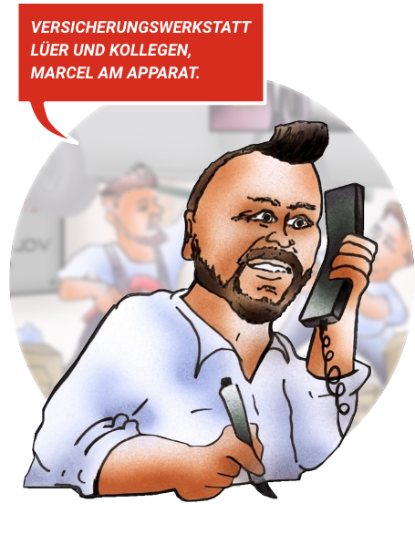 Marcel Lüer als Comic-Zeichnung mit Telefon am Ohr